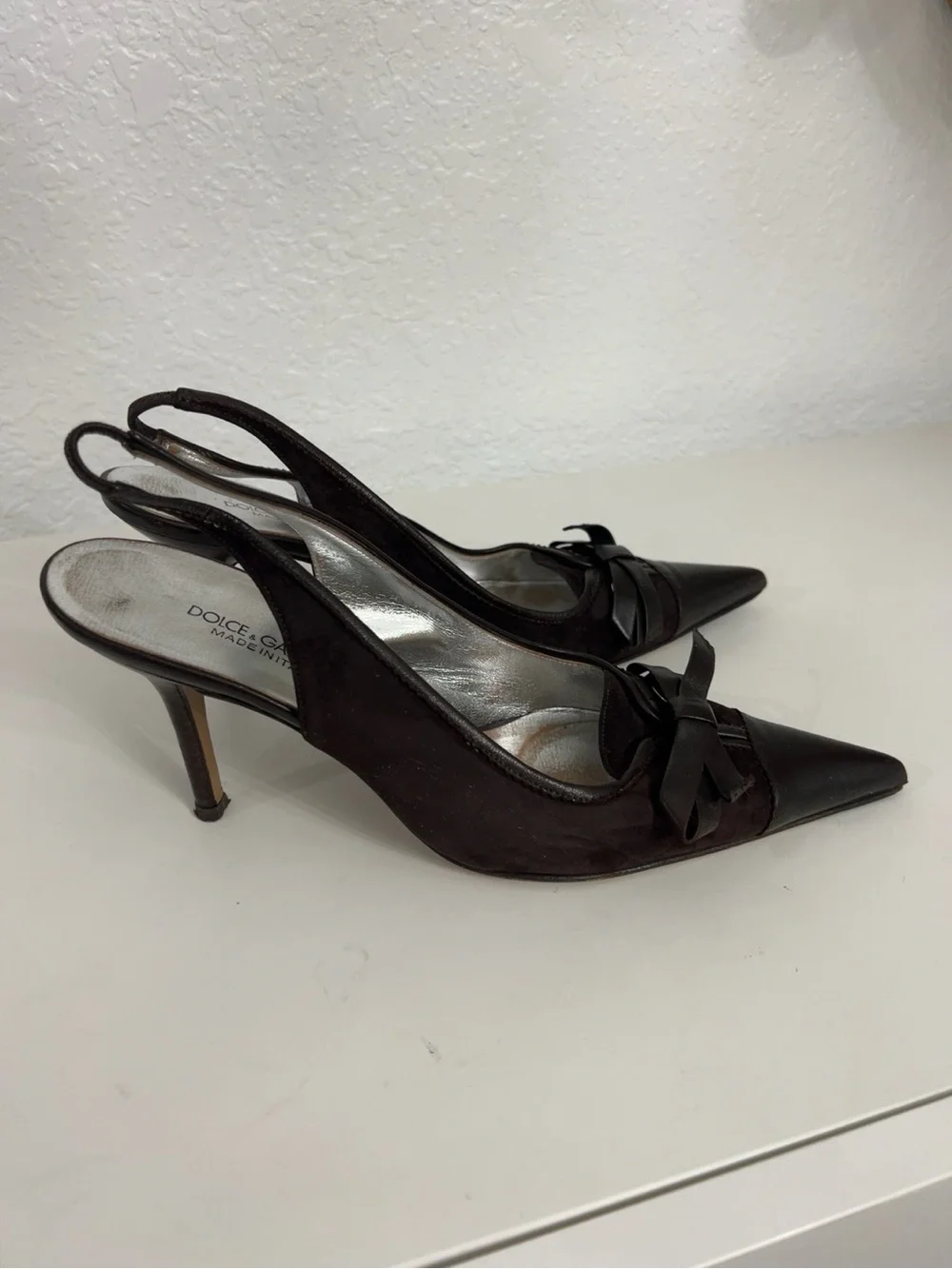Vintage Dolce & Gabbana Brown Suede Bow Slingback Heels Size 39